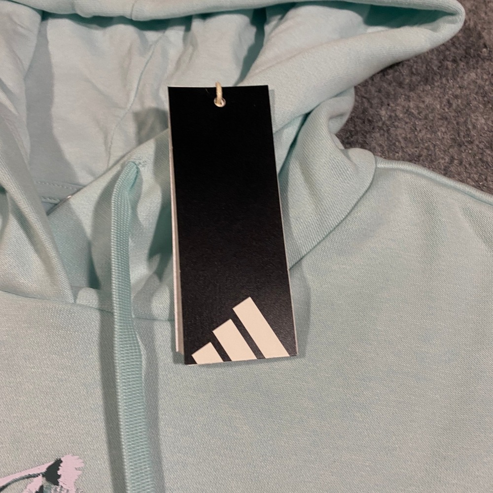 Adidas Trefoil Floral Logo Hoodie Womens XL Halo Mint Blue Flowers Pullover - Picture 7 of 16